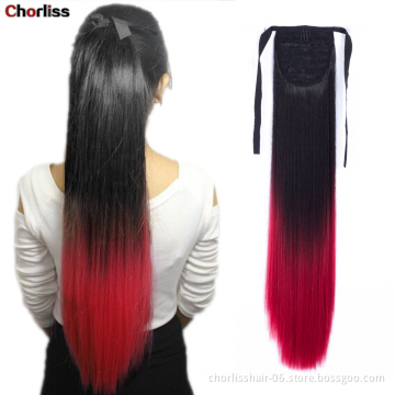 Wholesale Ombre Long Straight Synthetic Fiber Hair piece Ponytail for Woman Clip in Wrap Around ponytail Hair Extensions